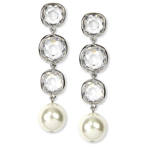 givenchy silver tone simulated pearl and crystal drop earrings|Givenchy Silver.